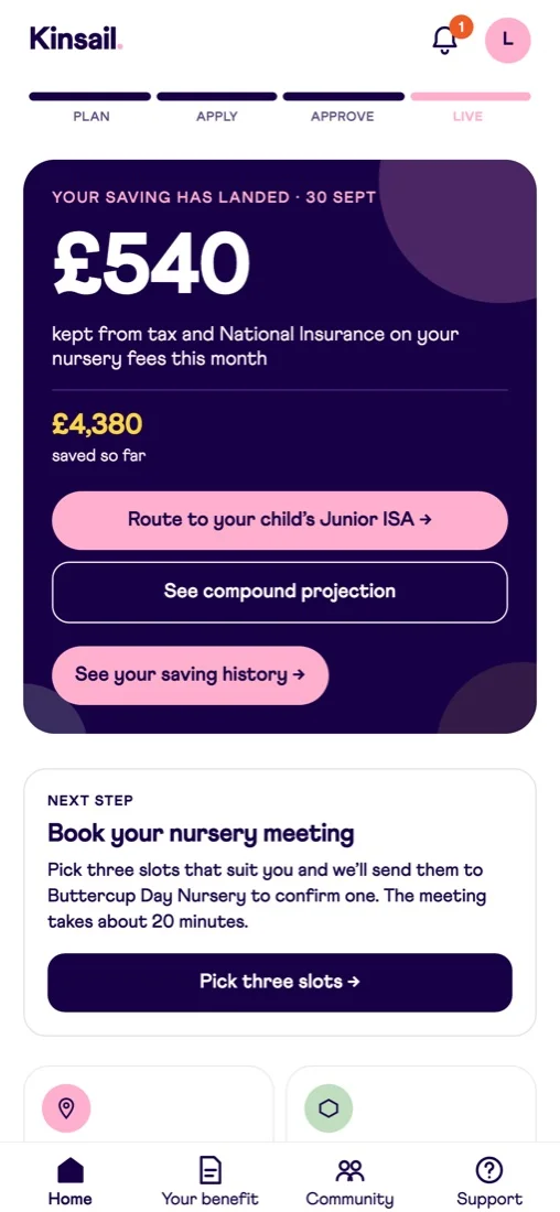 Kinsail app home screen showing this month's saving and the total saved so far