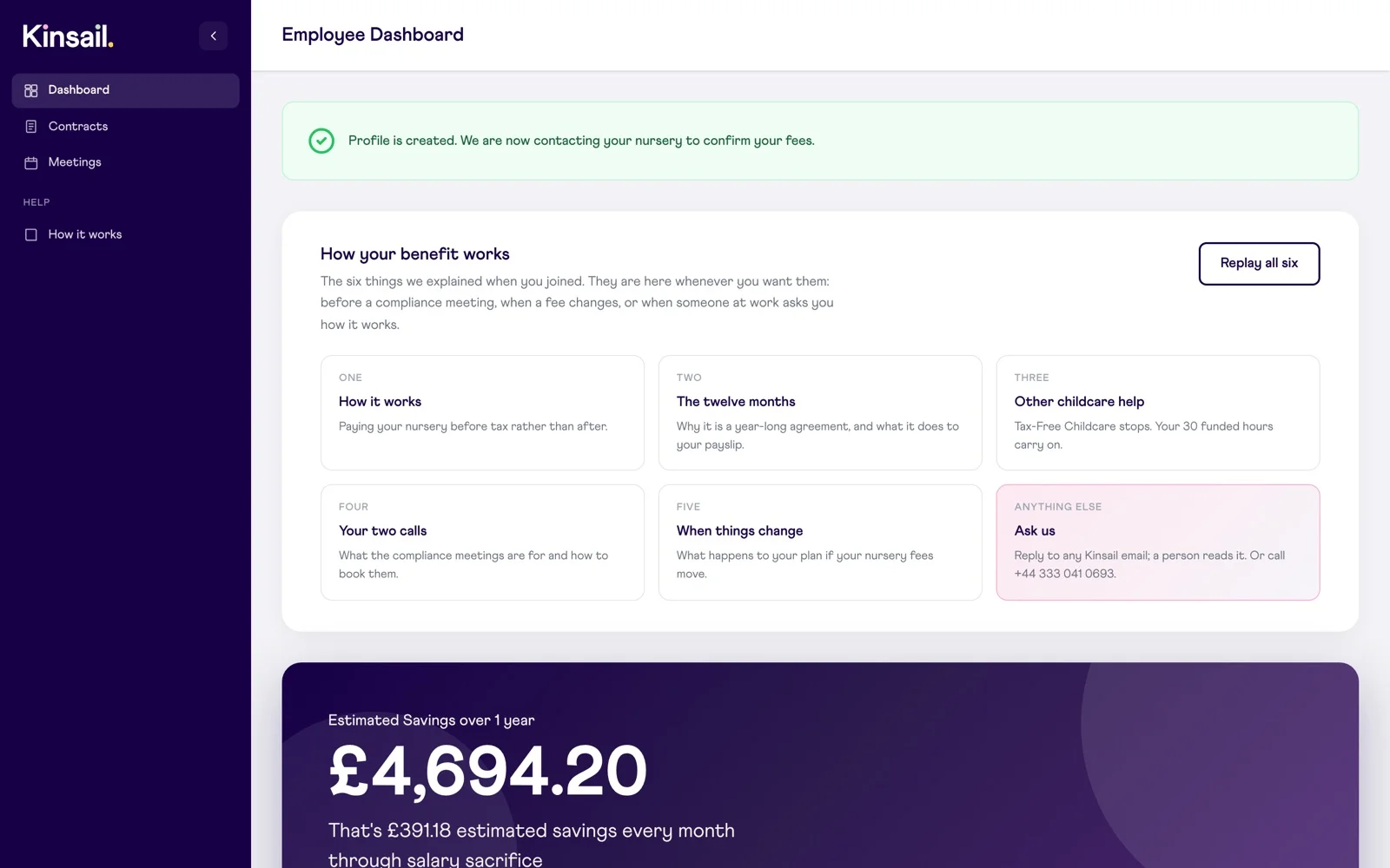 Kinsail employee dashboard: confirmation that the nursery is being contacted, a six-part guide to the benefit, and estimated savings over one year