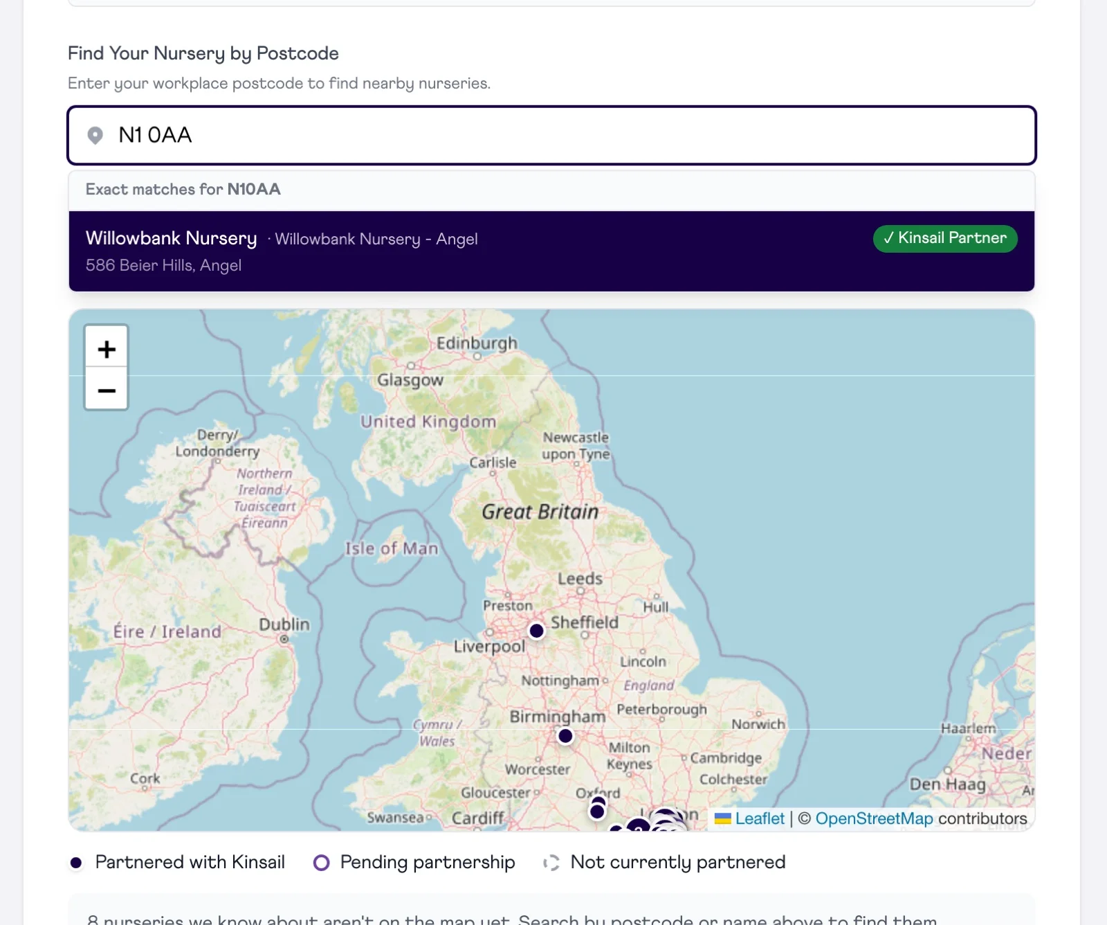 Kinsail nursery search: a postcode search returning a Kinsail Partner nursery above a UK map of partnered nurseries