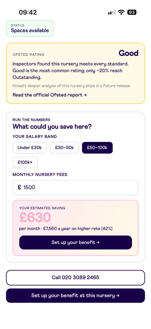 Nursery page in the Kinsail app showing its Ofsted rating and an estimated saving
