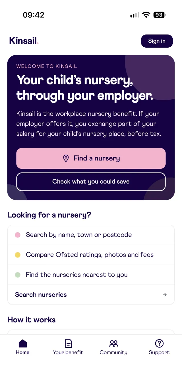 Kinsail app welcome screen with Find a nursery and Check what you could save