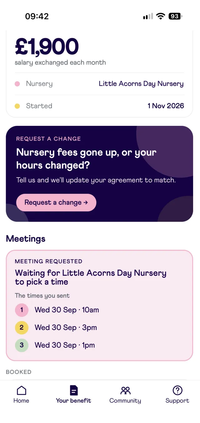 Your benefit screen showing salary exchanged each month and upcoming nursery meetings