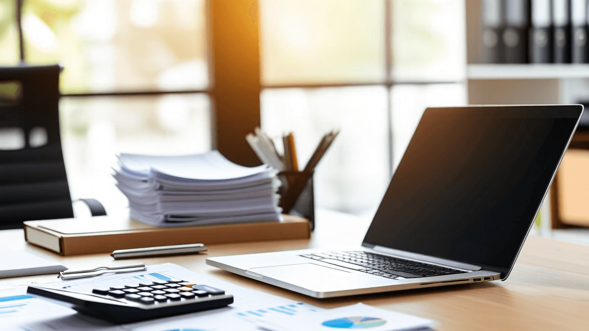 computer on desk with calculator
