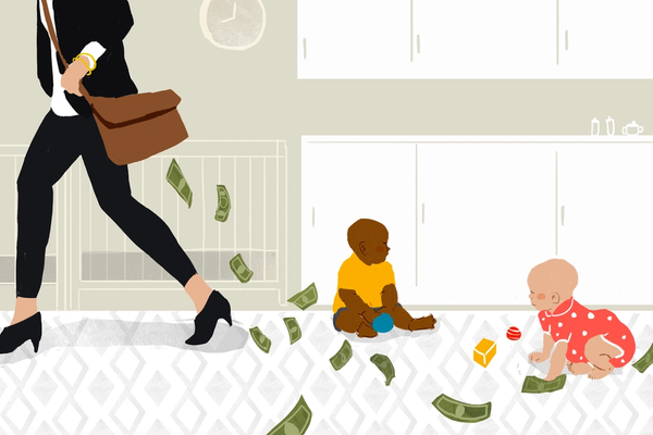 illustration of money falling from a bag towards children playing